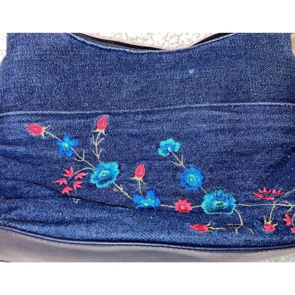 1970s 10X7 8 Pkt Croft & Barrow Denim Jean Embroidered Floral Shoulder Bag Purse - Picture 2 of 7